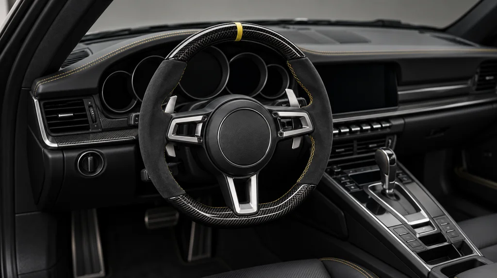 Interior view of a CASSERON custom steering wheel for Porsche 911 991 and 992, with gloss carbon fiber trim, black Alcantara grips, racing yellow stitching and aluminium paddle shifters