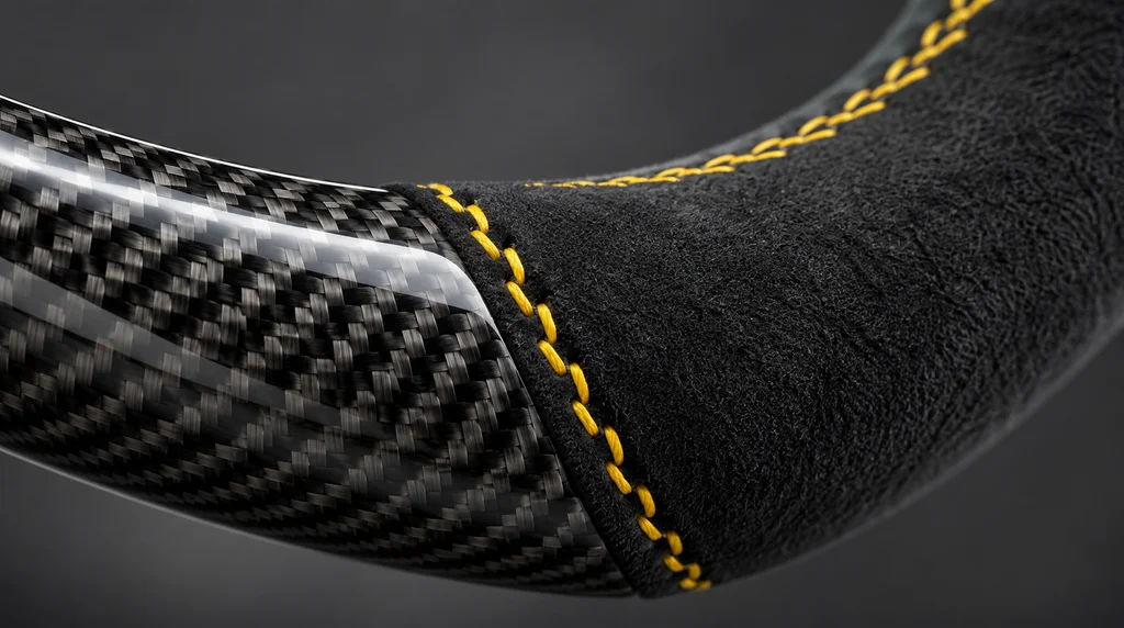 Close-up of gloss carbon fiber, black Alcantara and racing yellow stitching on a CASSERON Porsche 911 steering wheel