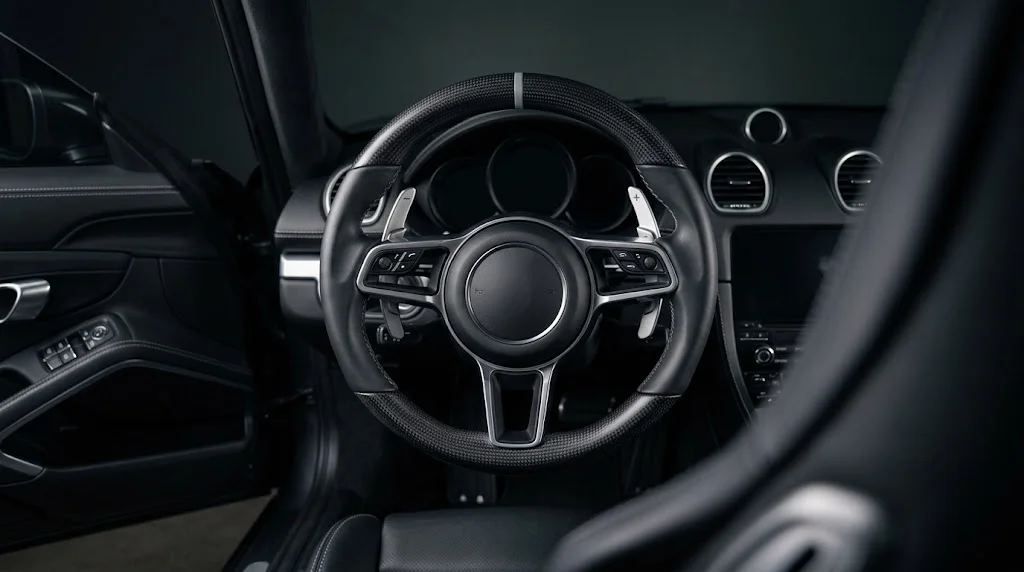 Interior view of a CASSERON custom steering wheel for Porsche 718 Cayman, with matte carbon fiber trim, smooth black leather grips, chalk grey stitching and aluminium paddle shifters