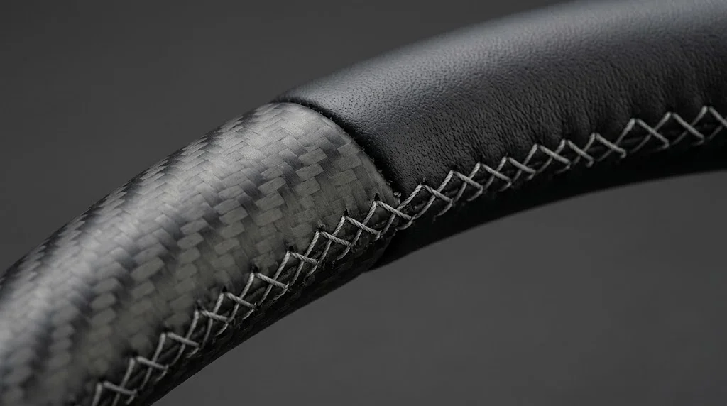 Close-up of matte carbon fiber, smooth black leather and chalk grey stitching on a CASSERON Porsche Cayman steering wheel