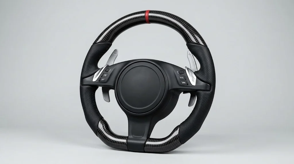 Studio product shot of a CASSERON custom steering wheel for Porsche Panamera 970, 971 and 972, with perforated leather side grips, carbon fiber spoke trim, a red 12 o'clock centring stripe and aluminium paddle shifters