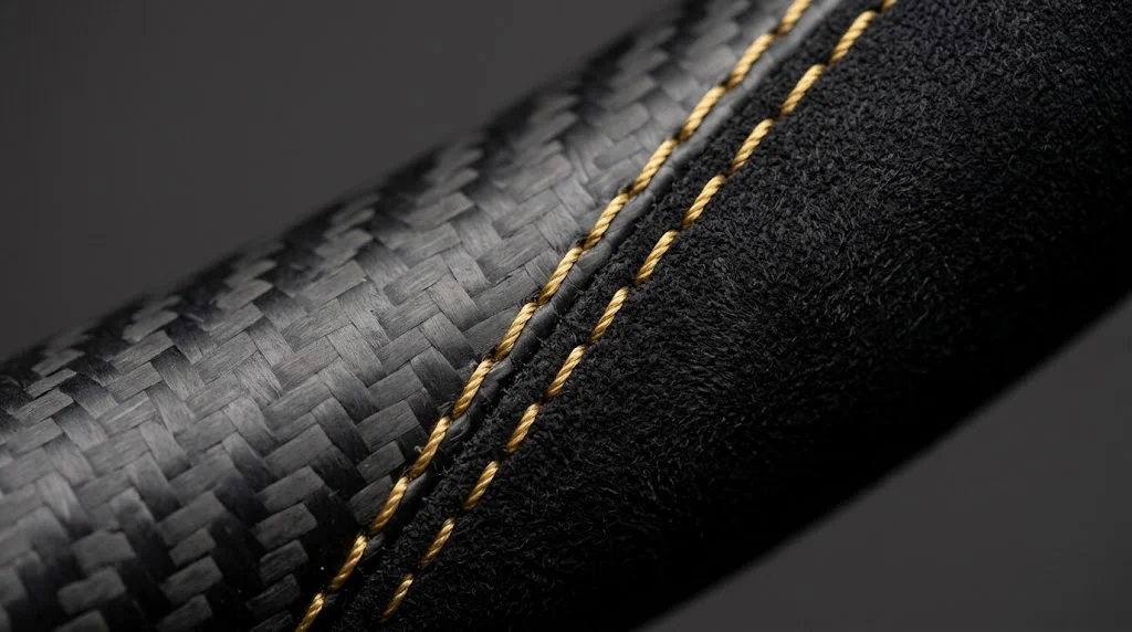 Close-up of gloss carbon fiber and black Alcantara with bronze stitching on a CASSERON Porsche Taycan steering wheel